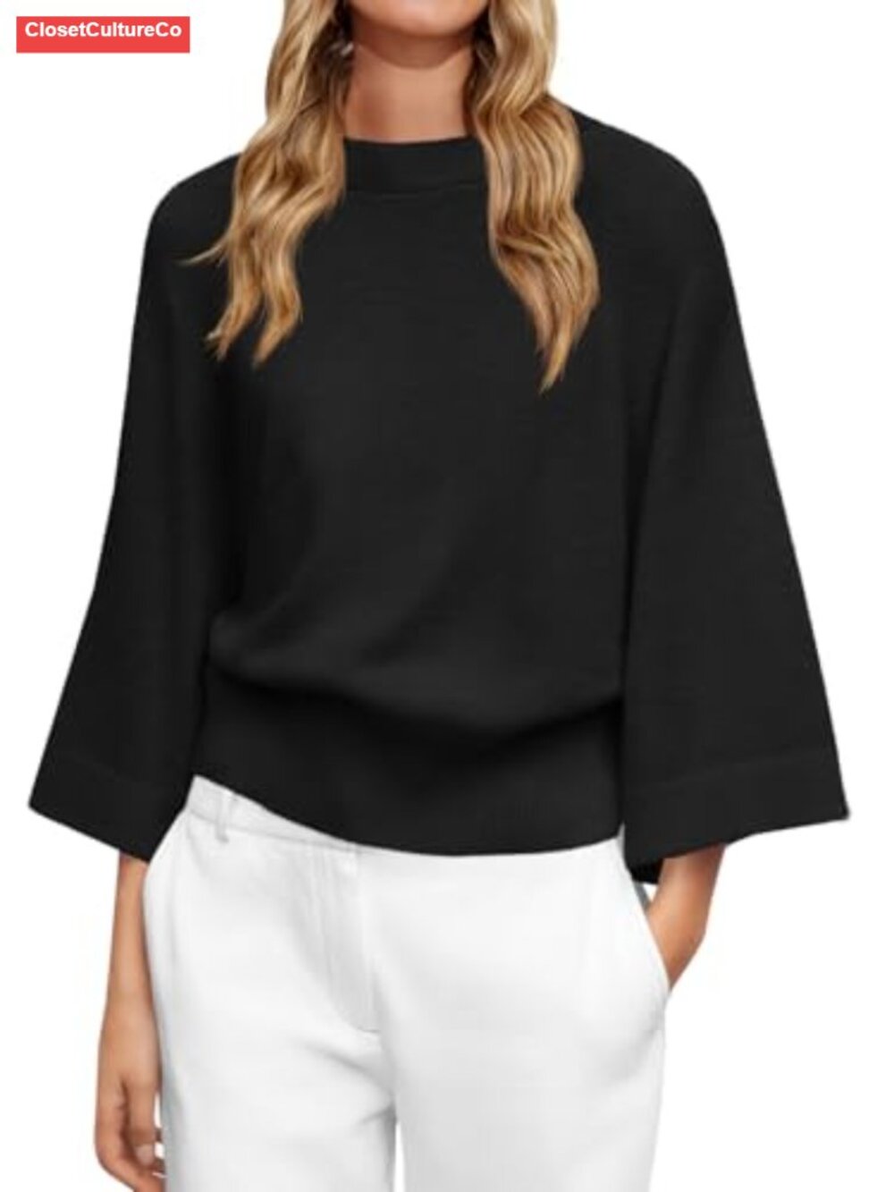 Womens Batwing Sweater 3/4 Sleeve Soft Knit Loose Fit Casual Fall Top
